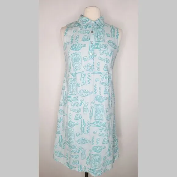 MATCH Vintage Blue Green Linen Shift Dress Size 4 Sleeveless Beach Fish Print - Picture 1 of 9